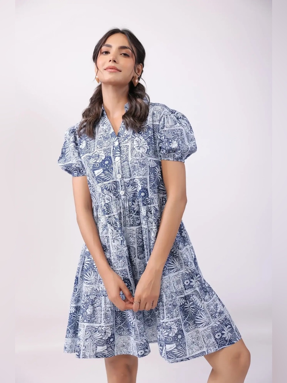 Dizzy Lizzie L Floral Blue Printed Puff-Sleeve Tiered Dress
